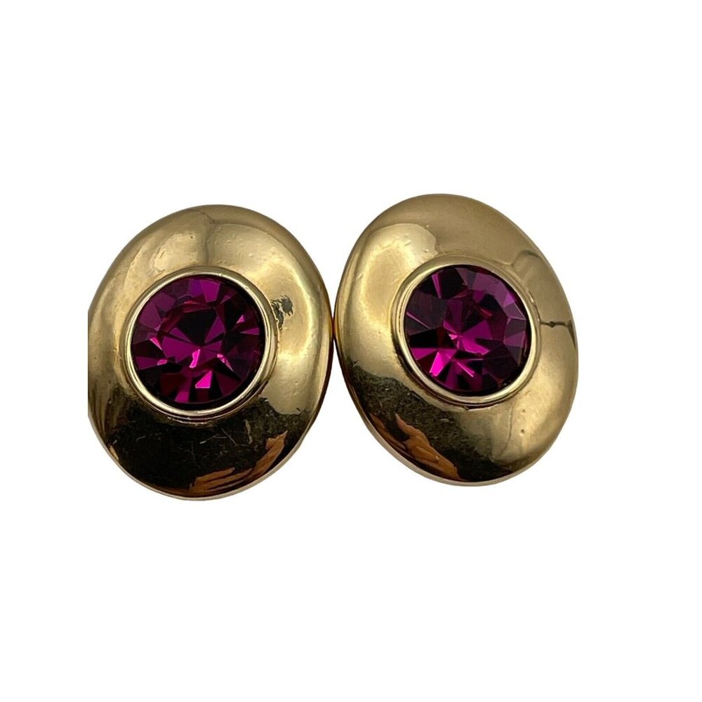 Vintage SAL Swarovski Purple Rhinestone Oval Gold Tone Clip On Earrings Retro